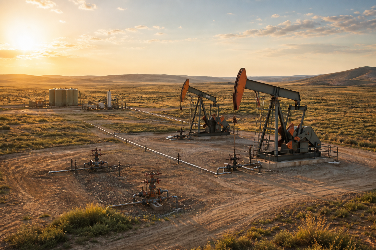Developed onshore oil field with pumping units, wellheads, tankage, and gathering infrastructure