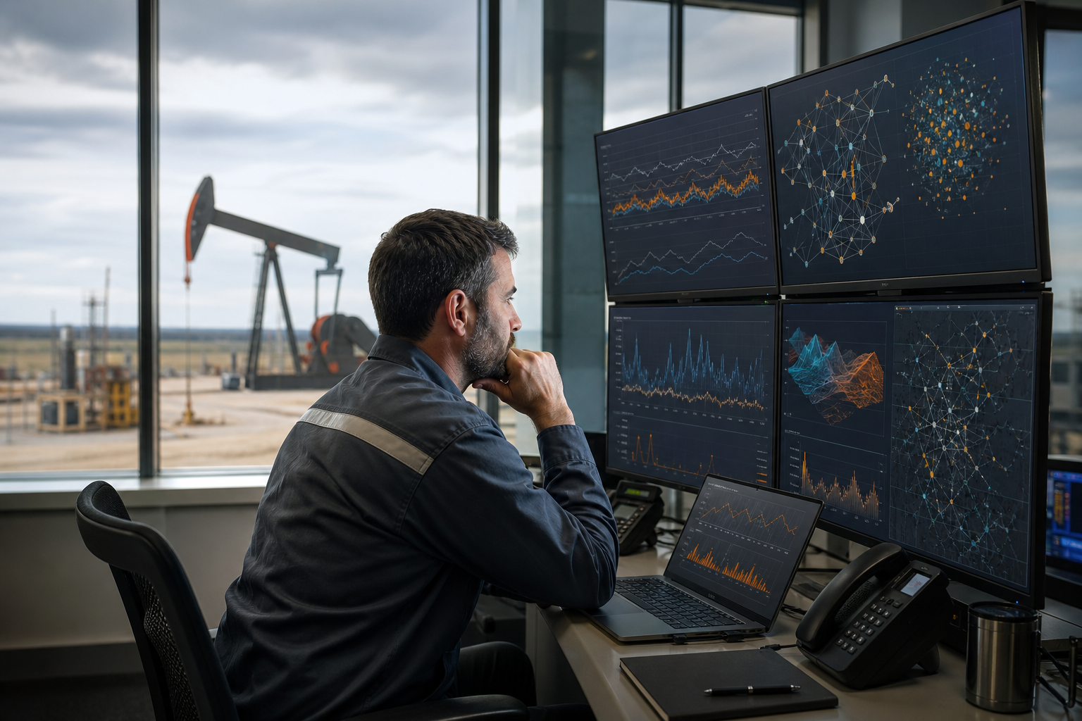 Petroleum engineer reviewing machine-learning production analytics