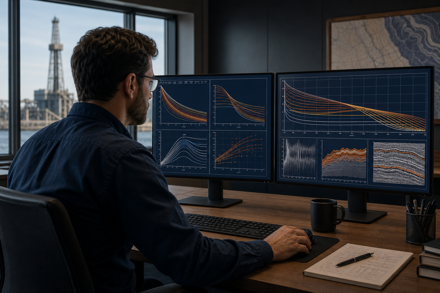 Reservoir engineer analyzing families of production and pressure curves