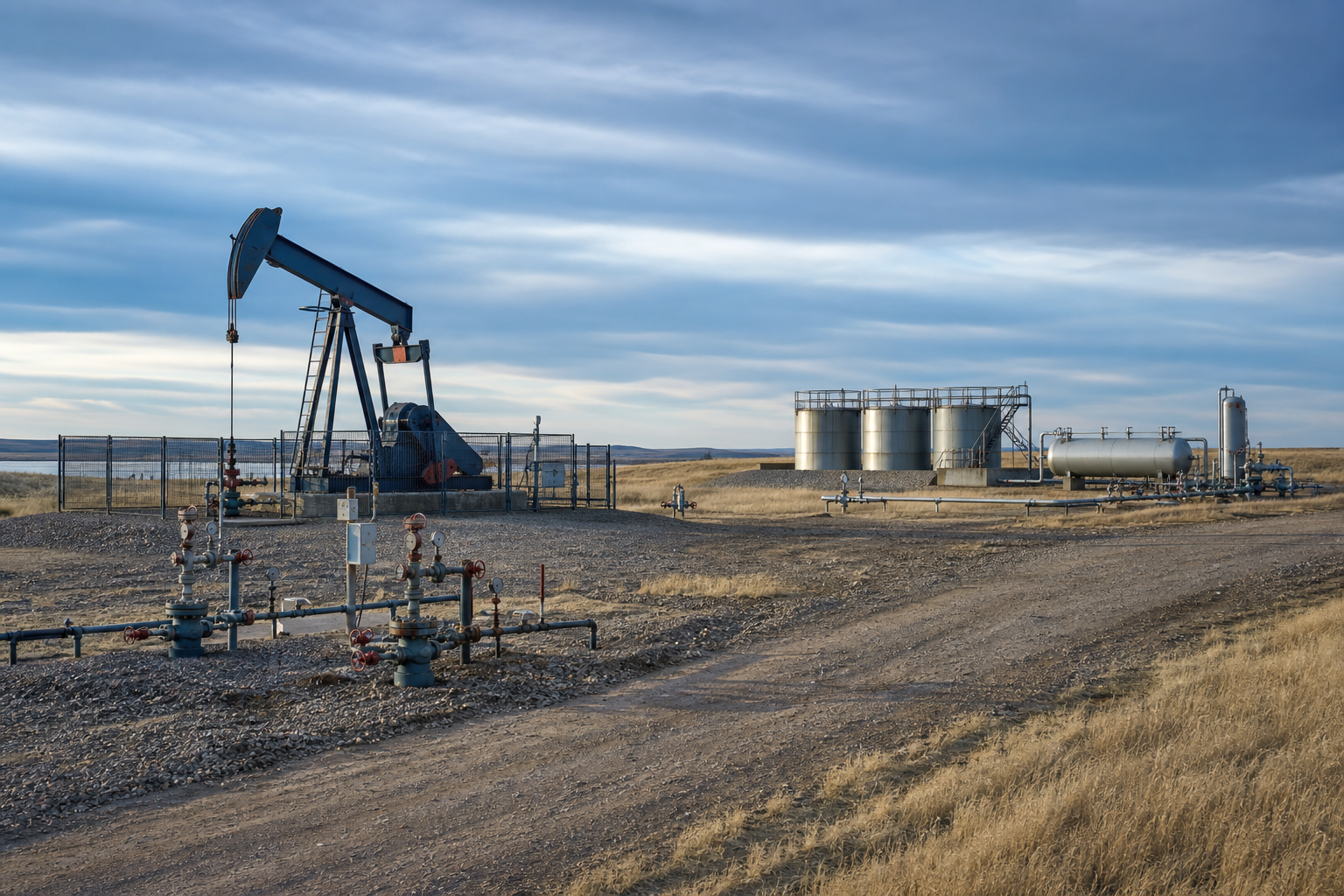 Operating oil field with pumping unit, wellheads, tanks, and production equipment